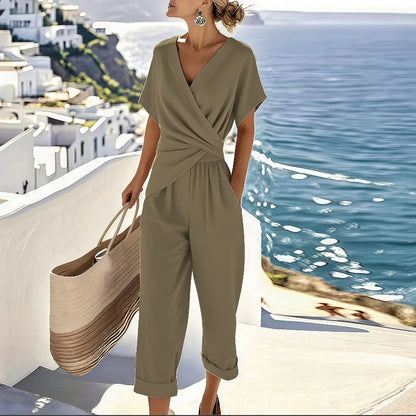 Effortless Wrap Jumpsuit for Women with V Neck Short Sleeve Tie Waist Wide Leg Flowing Style