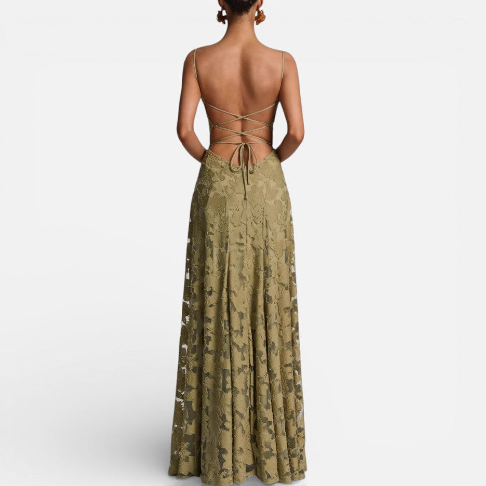 Elegant Lace Maxi Cocktail Dress for Women with Square Neck Spaghetti Strap Ruched Flowing Style