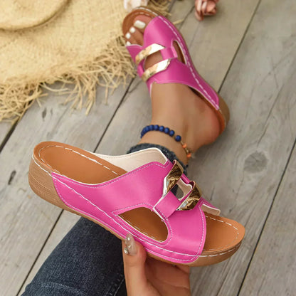 Comfortable Orthopedic Sandals for Women with Gold Metal Bar Cutout Wedge Heel Slip On Open Toe Style