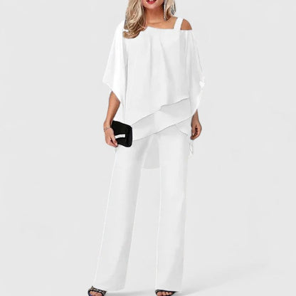 Elegant Two Piece Set for Women with Off Shoulder Cape Top Wide Leg Pants Formal Style