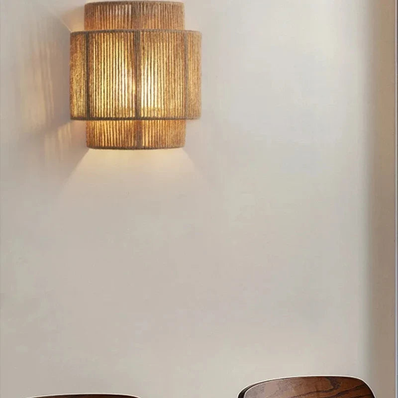 Rattan Wall Lamp Handwoven Boho Drum Shade Natural Indoor Bedside Sconce Wall Light