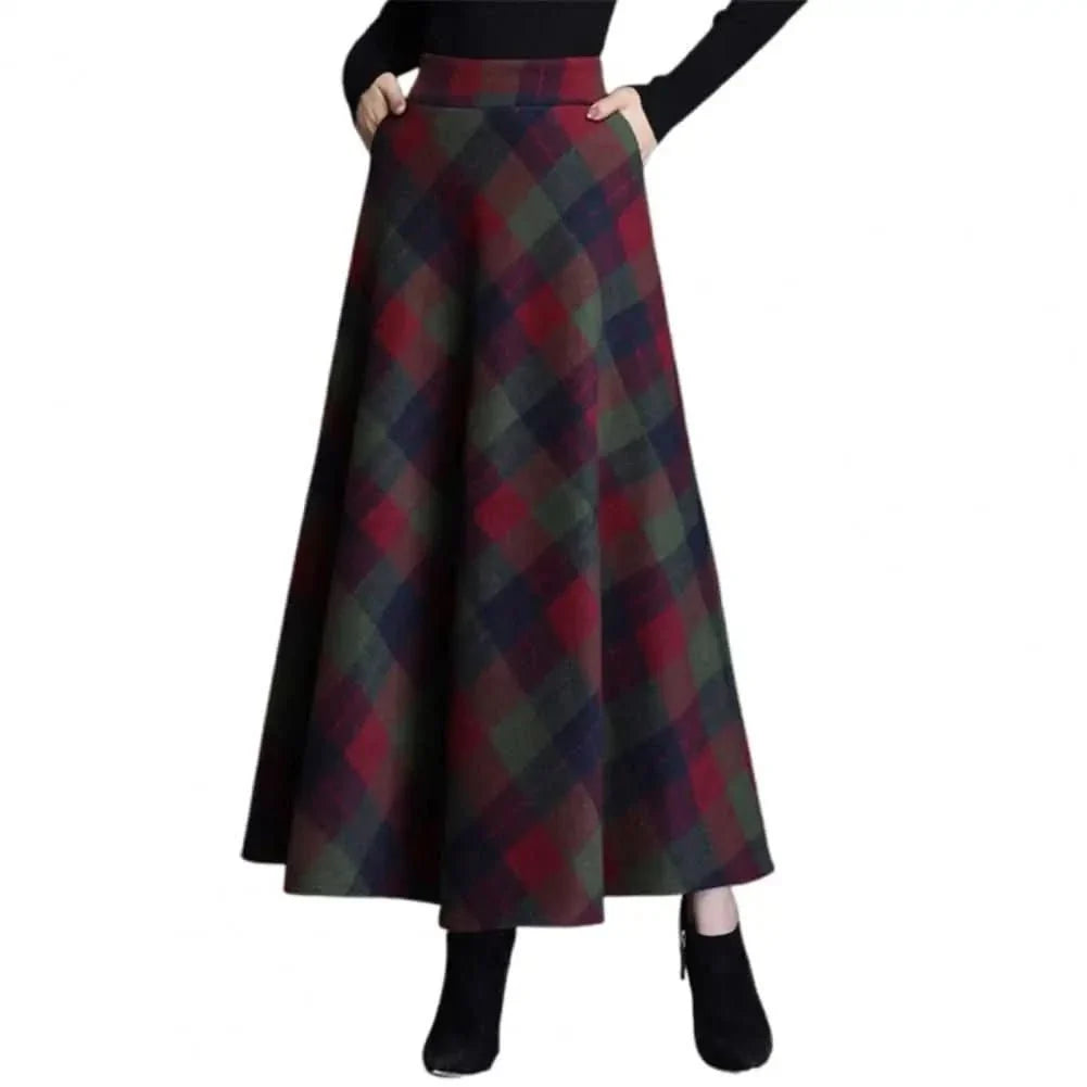 Elegant Plaid Maxi Skirt for Women with High Waist A Line Flared Flowing Style