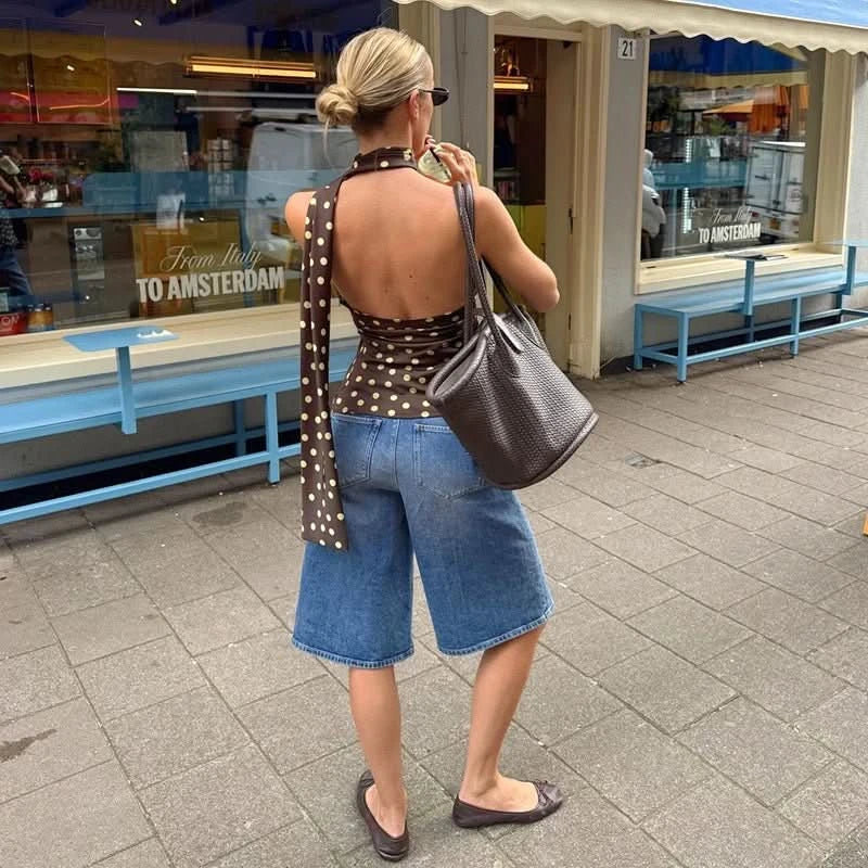 Elegant Brown Polka Dot Halter Top for Women with One Shoulder Sleeveless Ruched Satin Style
