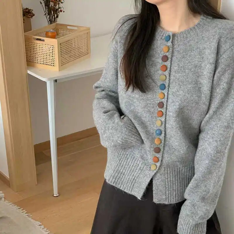 Cozy Knit Cardigan for Women with Crew Neck Long Sleeve Button Front Curved Hem Style