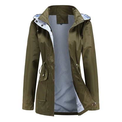 Effortless Rain Jacket for Women with Hooded Collar Long Sleeve Drawstring Waist Relaxed Style