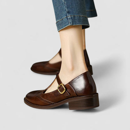 Comfortable Mary Jane Shoes for Women with Round Toe T Strap Brogue Buckle Flat Style