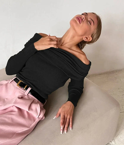 Effortless Ribbed Off The Shoulder Top for Women with Foldover Collar Long Sleeve Fitted Casual Style