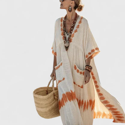 Effortless Boho Maxi Dress for Women with V Neck Batwing Sleeve Linen Kaftan Relaxed Style