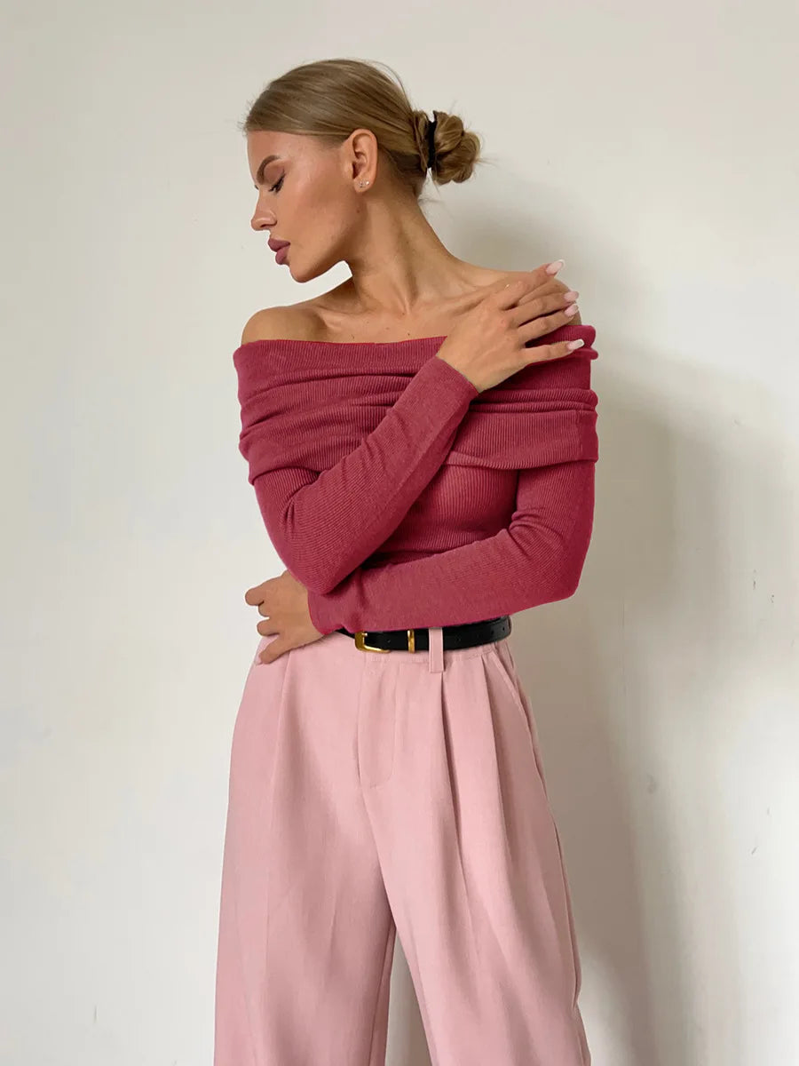 Effortless Ribbed Off The Shoulder Top for Women with Foldover Collar Long Sleeve Fitted Casual Style