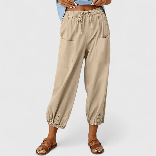 Effortless Khaki Wide Leg Pants for Women with Elastic Drawstring High Waist Patch Pocket Button Hem Casual Style