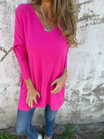 Effortless Ribbed Knit Tunic for Women with V Neck Long Sleeve Relaxed Oversized Style