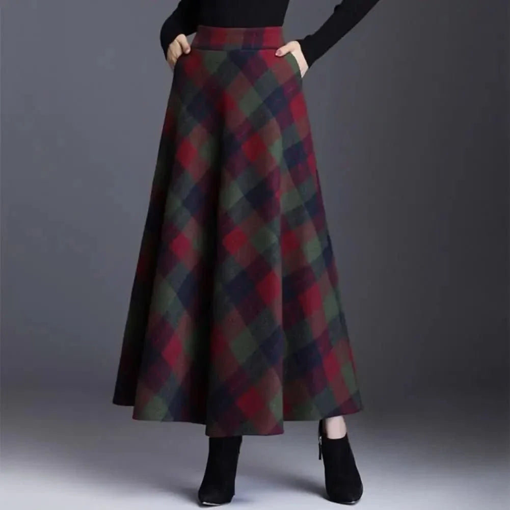 Elegant Plaid Maxi Skirt for Women with High Waist A Line Flared Flowing Style