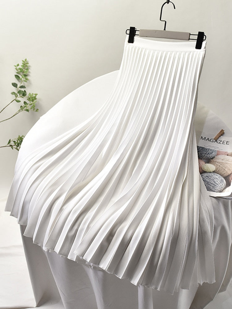 Elegant Pleated Maxi Skirt for Women with High Waist Satin Flowing A Line Style