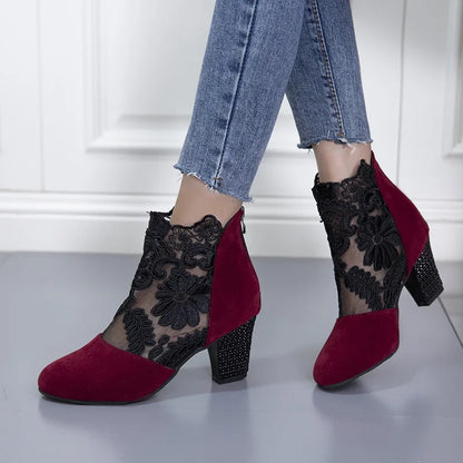 Chic Lace Mesh Women Boots for Women with Pointed Toe Chunky Block Heel Ankle Style