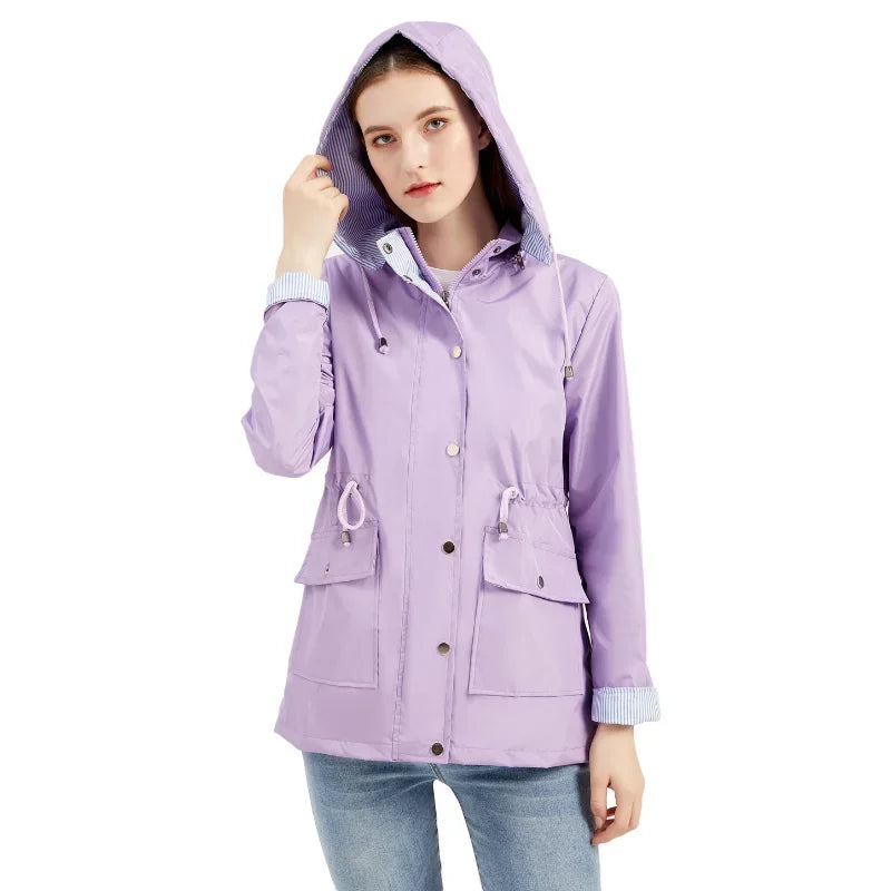 Effortless Rain Jacket for Women with Hooded Collar Long Sleeve Drawstring Waist Relaxed Style
