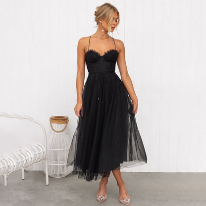 Elegant Autumn Wedding Guest Dress for Women with Sweetheart Neckline Corset Bodice Tulle Tea Length Style