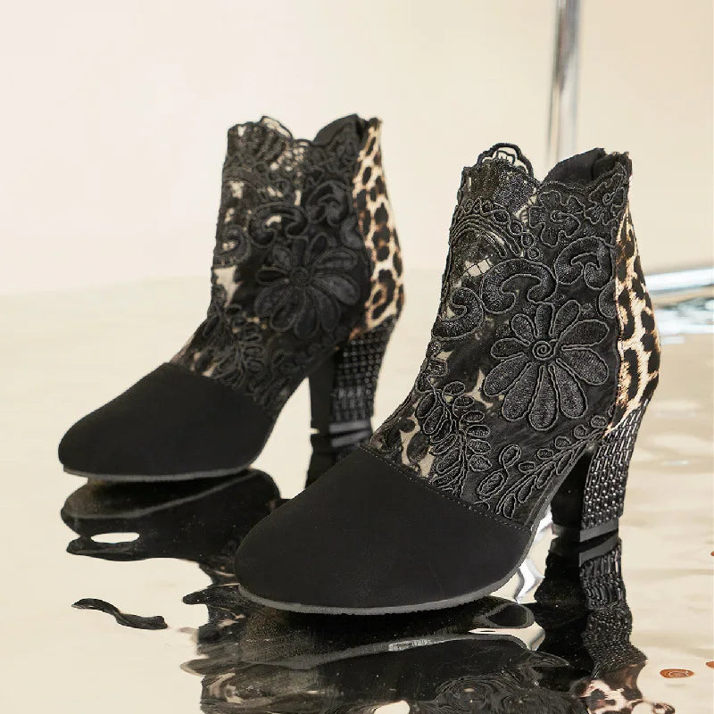 Chic Lace Mesh Women Boots for Women with Pointed Toe Chunky Block Heel Ankle Style