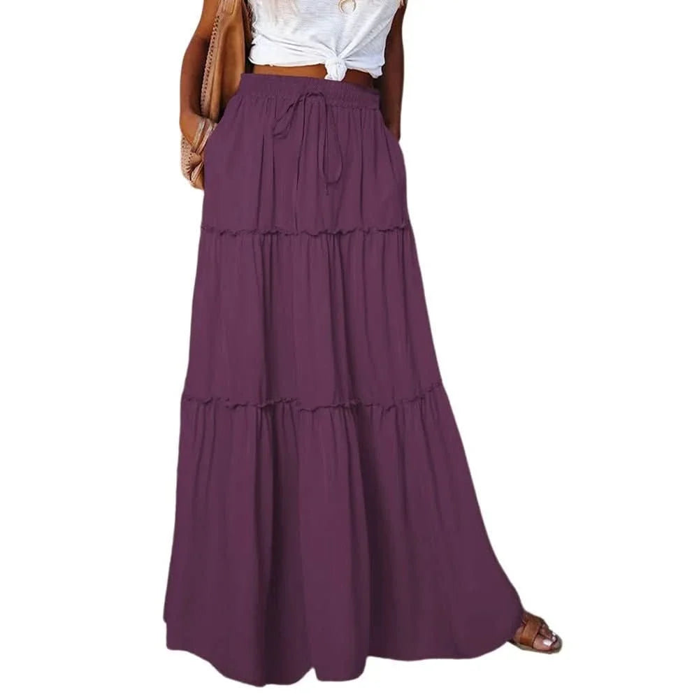 Effortless Tiered Maxi Skirt for Women with High Waist Drawstring Flowing Bohemian Style