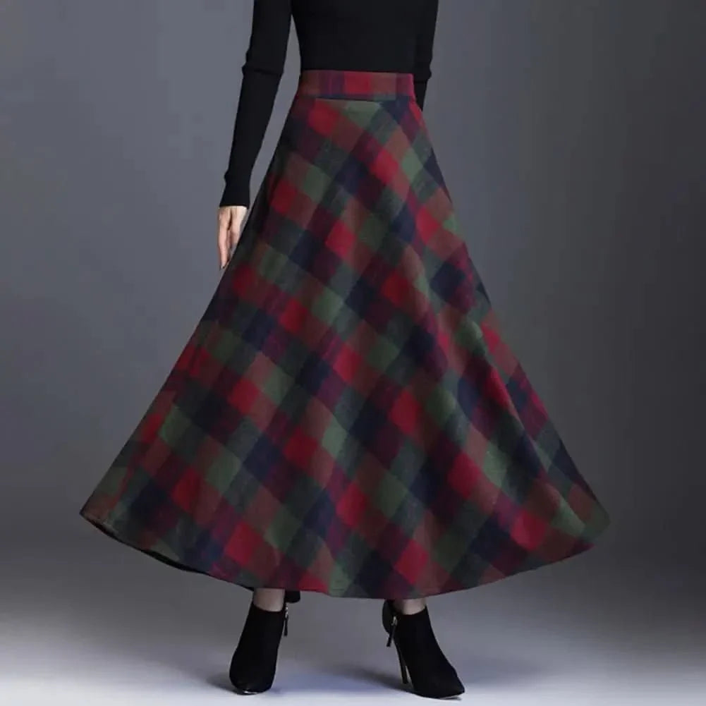 Elegant Plaid Maxi Skirt for Women with High Waist A Line Flared Flowing Style