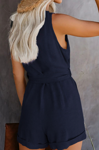 Effortless Linen Jumpsuit for Women with V Neck Sleeveless Button Front Belted Style
