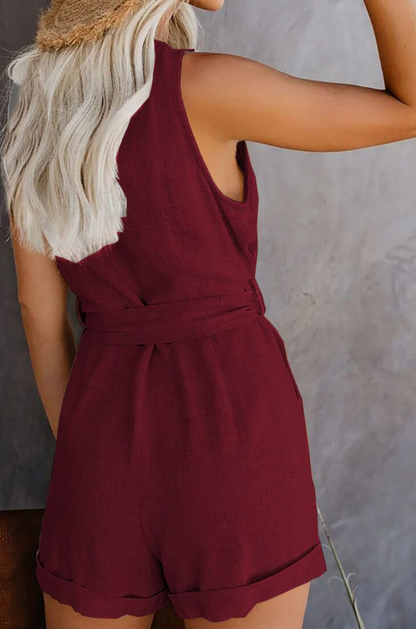 Effortless Linen Jumpsuit for Women with V Neck Sleeveless Button Front Belted Style