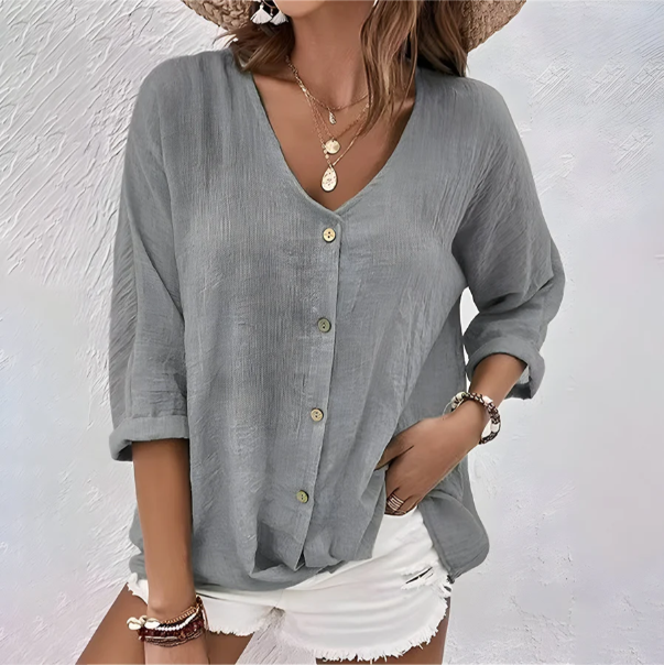 Comfortable Henley Blouses for Women with V Neck Button Elbow Sleeve Relaxed Soft Knit Style
