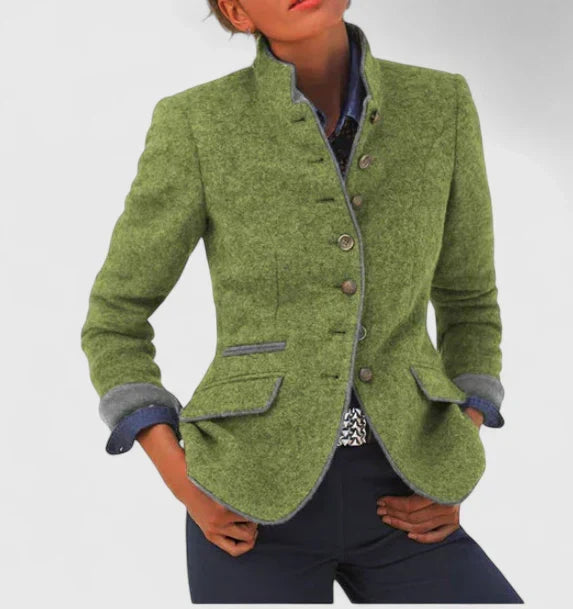 Elegant Wool Blazer for Women with Stand Collar Long Sleeve Contrast Trim Tailored Style
