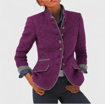 Elegant Wool Blazer for Women with Stand Collar Long Sleeve Contrast Trim Tailored Style