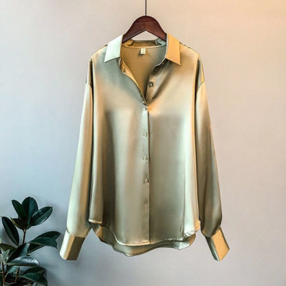 Elegant Champagne Satin Going Out Top for Women with Collar Long Sleeve Button Front Relaxed Silky Style