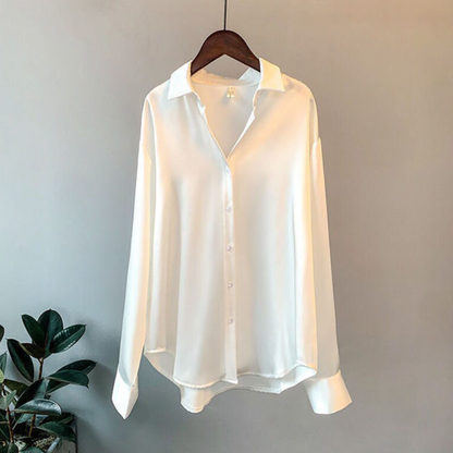 Elegant Champagne Satin Going Out Top for Women with Collar Long Sleeve Button Front Relaxed Silky Style