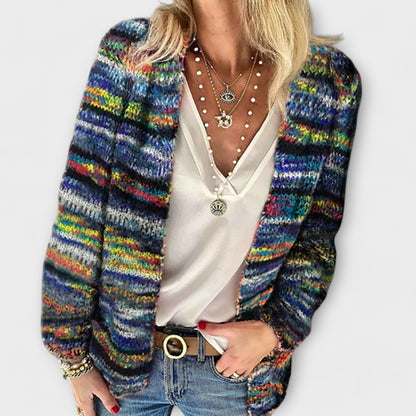 Cozy Space Dye Cardigan for Women with Open Front V Neck Long Sleeve Knit Relaxed Style