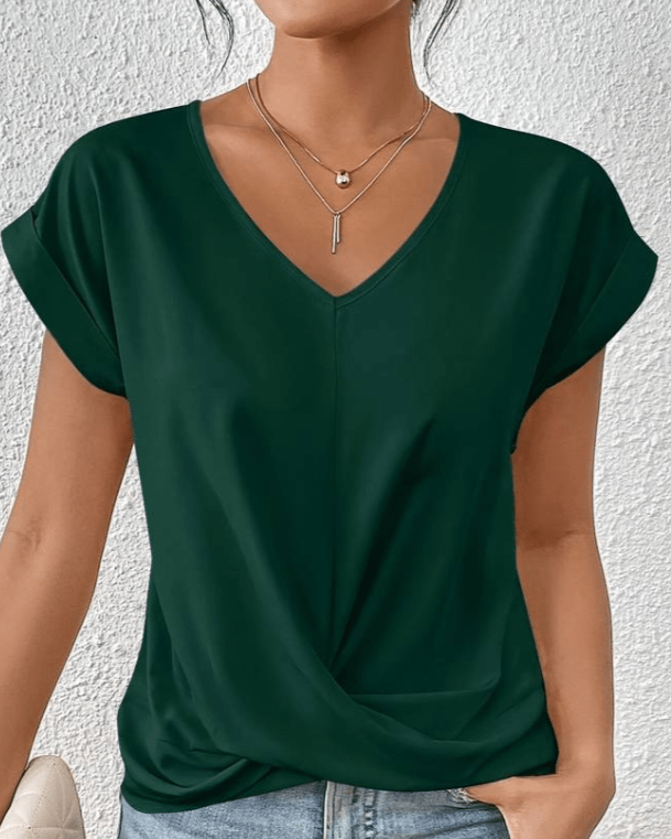 Effortless Green Top for Women with V Neck Cap Sleeve Twist Front Relaxed Style