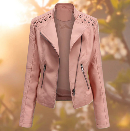 Elegant Faux Leather Moto Jacket for Women with Stand Collar Long Sleeve Zip Front Fitted Style
