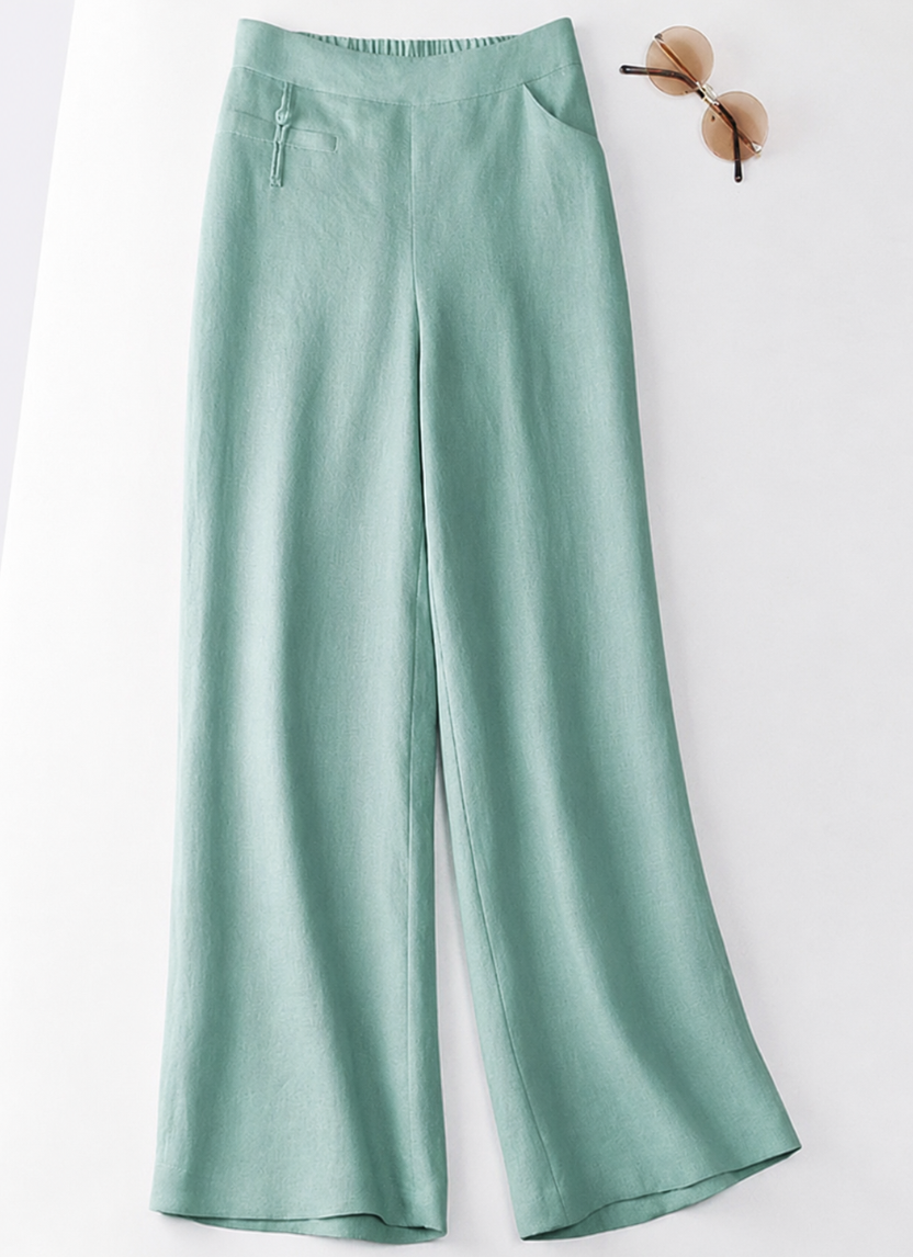 Effortless Linen Wide Leg Pants for Women with Half Elastic High Waist Button Front Pocket Casual Style