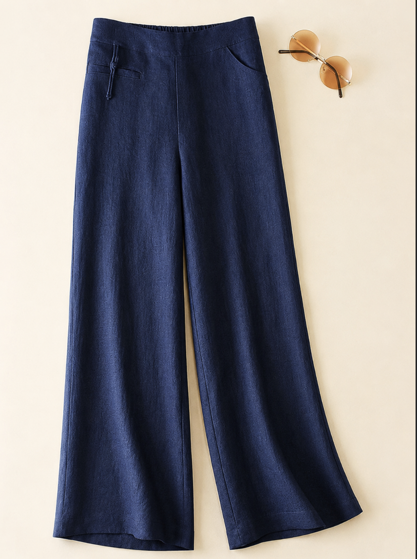 Effortless Linen Wide Leg Pants for Women with Half Elastic High Waist Button Front Pocket Casual Style