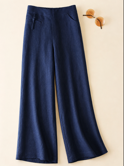 Effortless Linen Wide Leg Pants for Women with Half Elastic High Waist Button Front Pocket Casual Style