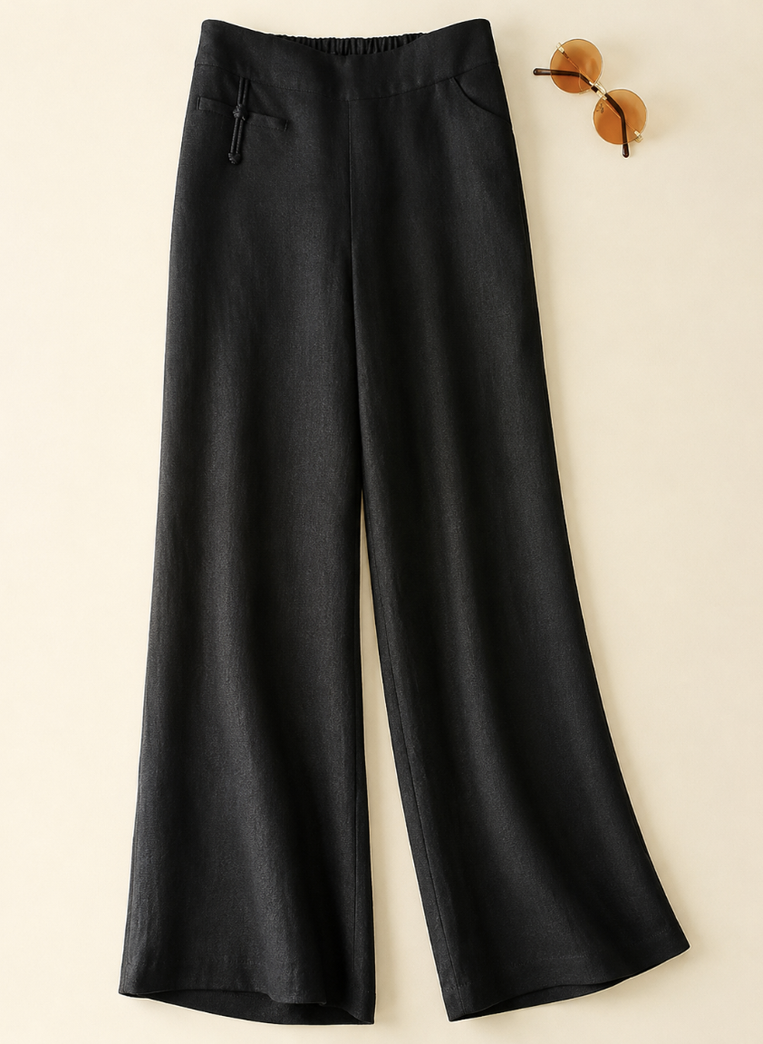 Effortless Linen Wide Leg Pants for Women with Half Elastic High Waist Button Front Pocket Casual Style