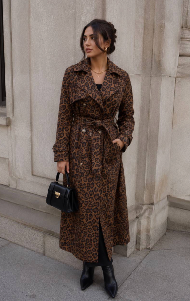 Chic Leopard Print Trench Coat for Women with Notched Lapel Long Sleeve Double Breasted Belted Style