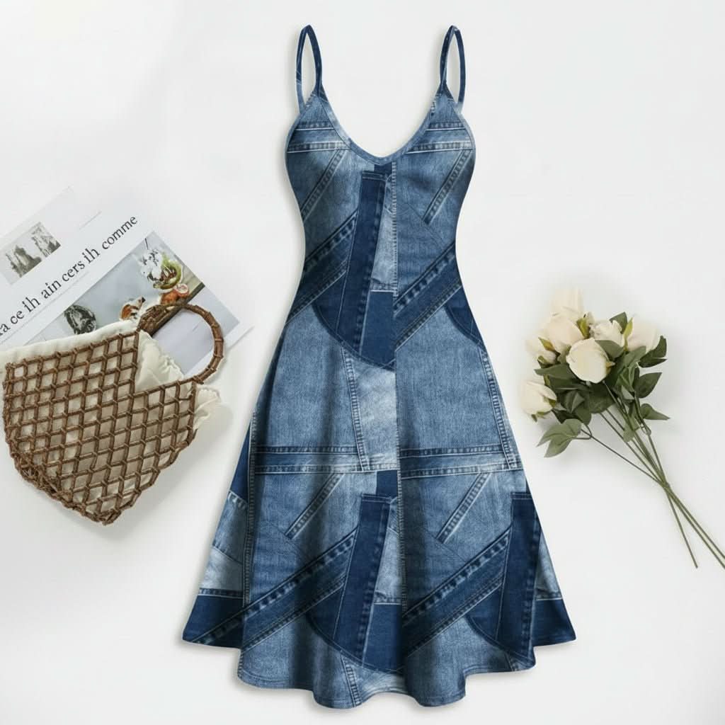 Effortless Blue Patchwork Denim Dress for Women with V Neck Spaghetti Strap Midi A Line Style