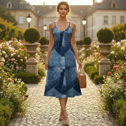 Effortless Blue Patchwork Denim Dress for Women with V Neck Spaghetti Strap Midi A Line Style
