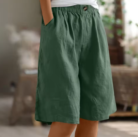 Effortless Linen Bermuda Shorts for Women with Elastic Waist Wide Leg Pleated Relaxed Casual Style