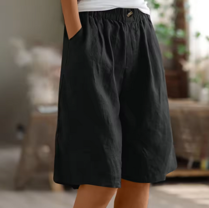 Effortless Linen Bermuda Shorts for Women with Elastic Waist Wide Leg Pleated Relaxed Casual Style