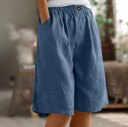 Effortless Linen Bermuda Shorts for Women with Elastic Waist Wide Leg Pleated Relaxed Casual Style