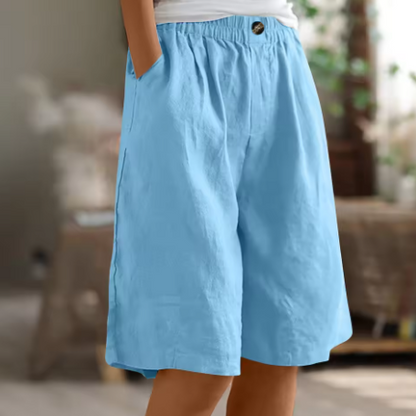 Effortless Linen Bermuda Shorts for Women with Elastic Waist Wide Leg Pleated Relaxed Casual Style