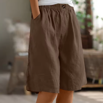 Effortless Linen Bermuda Shorts for Women with Elastic Waist Wide Leg Pleated Relaxed Casual Style