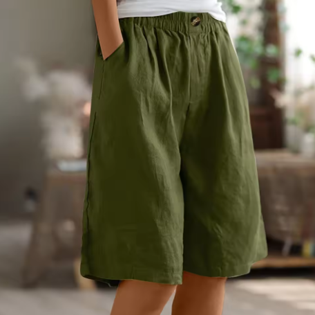 Effortless Linen Bermuda Shorts for Women with Elastic Waist Wide Leg Pleated Relaxed Casual Style