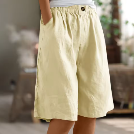 Effortless Linen Bermuda Shorts for Women with Elastic Waist Wide Leg Pleated Relaxed Casual Style