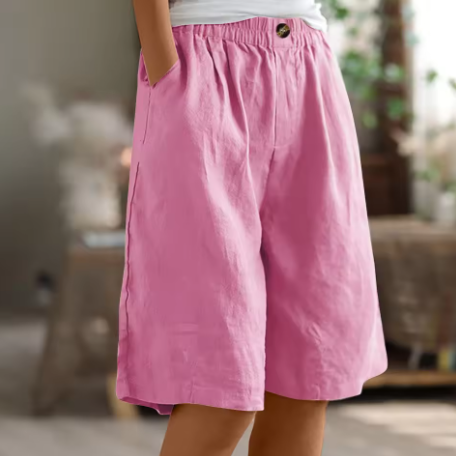 Effortless Linen Bermuda Shorts for Women with Elastic Waist Wide Leg Pleated Relaxed Casual Style