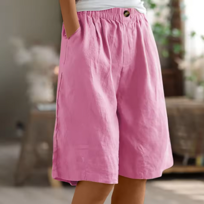 Effortless Linen Bermuda Shorts for Women with Elastic Waist Wide Leg Pleated Relaxed Casual Style