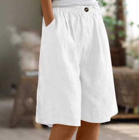Effortless Linen Bermuda Shorts for Women with Elastic Waist Wide Leg Pleated Relaxed Casual Style